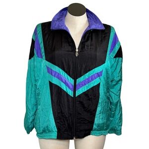 Lavon Vintage 90s Colorblock Windbreaker Jacket Teal Purple Black Mens Large